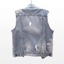 Blue Lace Beaded Denim Vest with POLO Collar