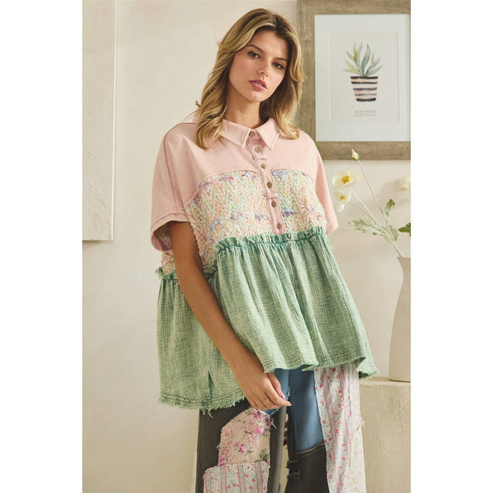 Blush Washed Collared Half Placket Oli+Hali Top