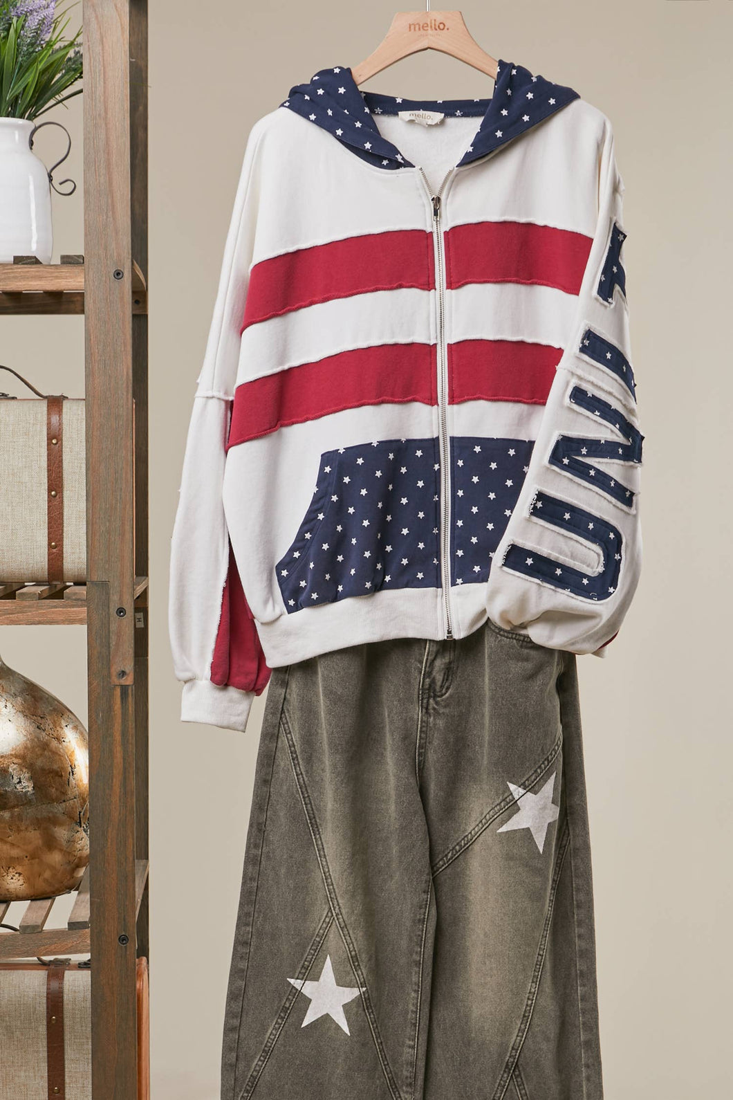 Off White United States Patch work Oversized Zip Mello Hoodie