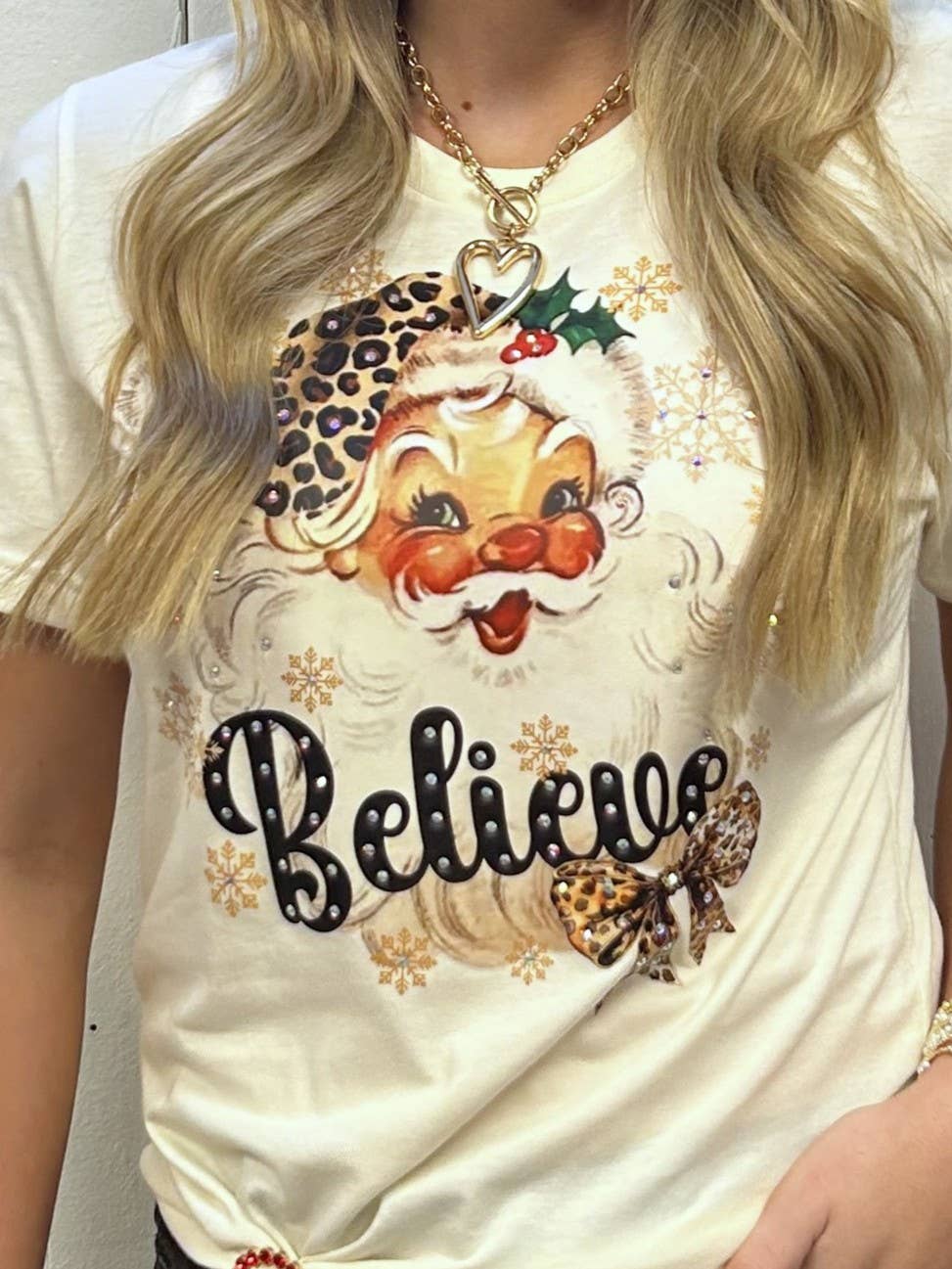Leopard Santa Believe Rhinestone Graphic Christmas Tees