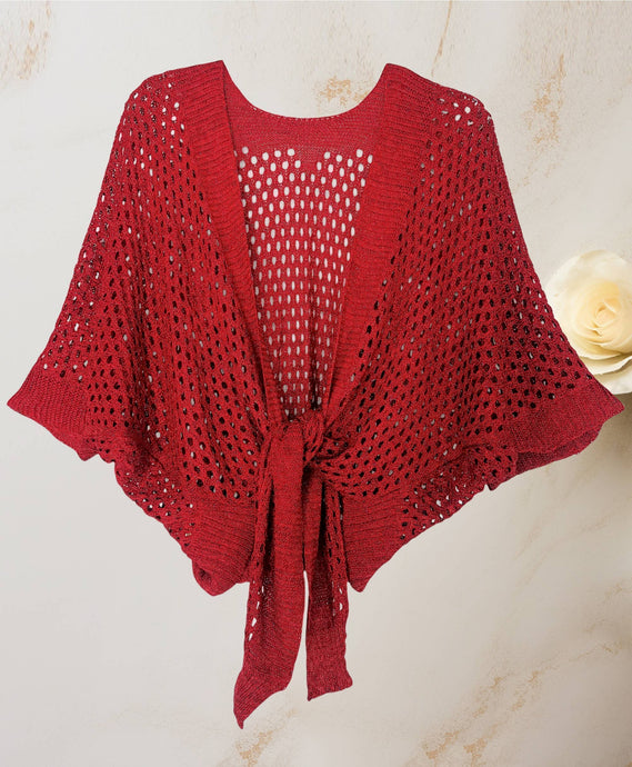 Red Eyelet Open-Knit Metallic Cardigan with Front Tie