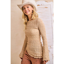 Tan Textured Lace Knit Diagonal Hemling Vell Sleeve Top