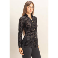 Black Certain To Charm Burnout Velvet Ruched Shirt