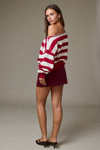 White Burgundy Striped Off-Shoulder Sweater