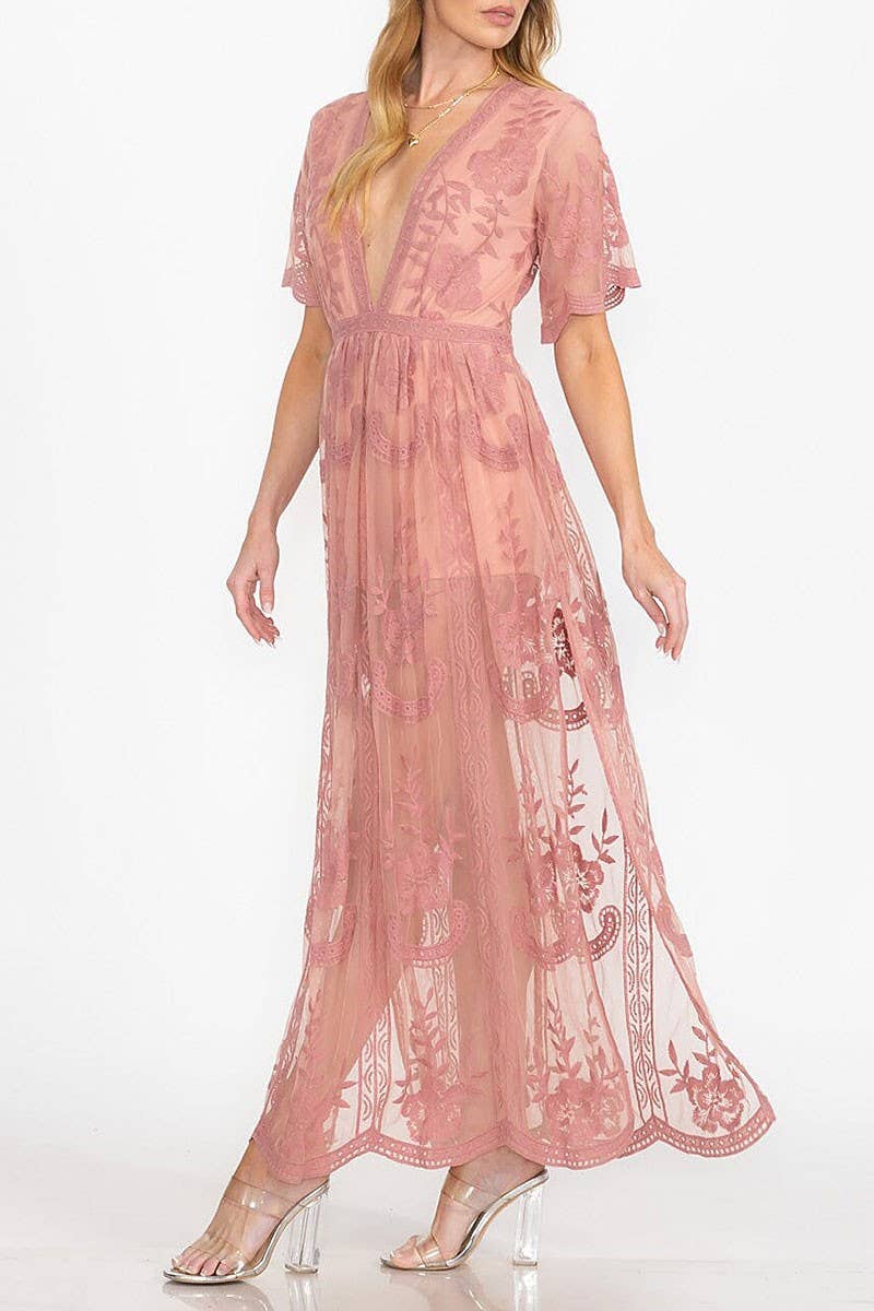 Ginger V Neck Fully Laced Maxi Dress with Side Slit