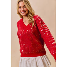 Red Christmas Sequins V Neck Sweater