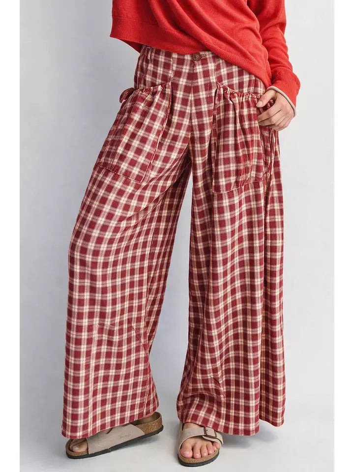 Deep Red Wide Leg Checket Pants