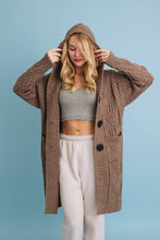 Mocha Cable Knit Hooded Cardigan with Large Buttons