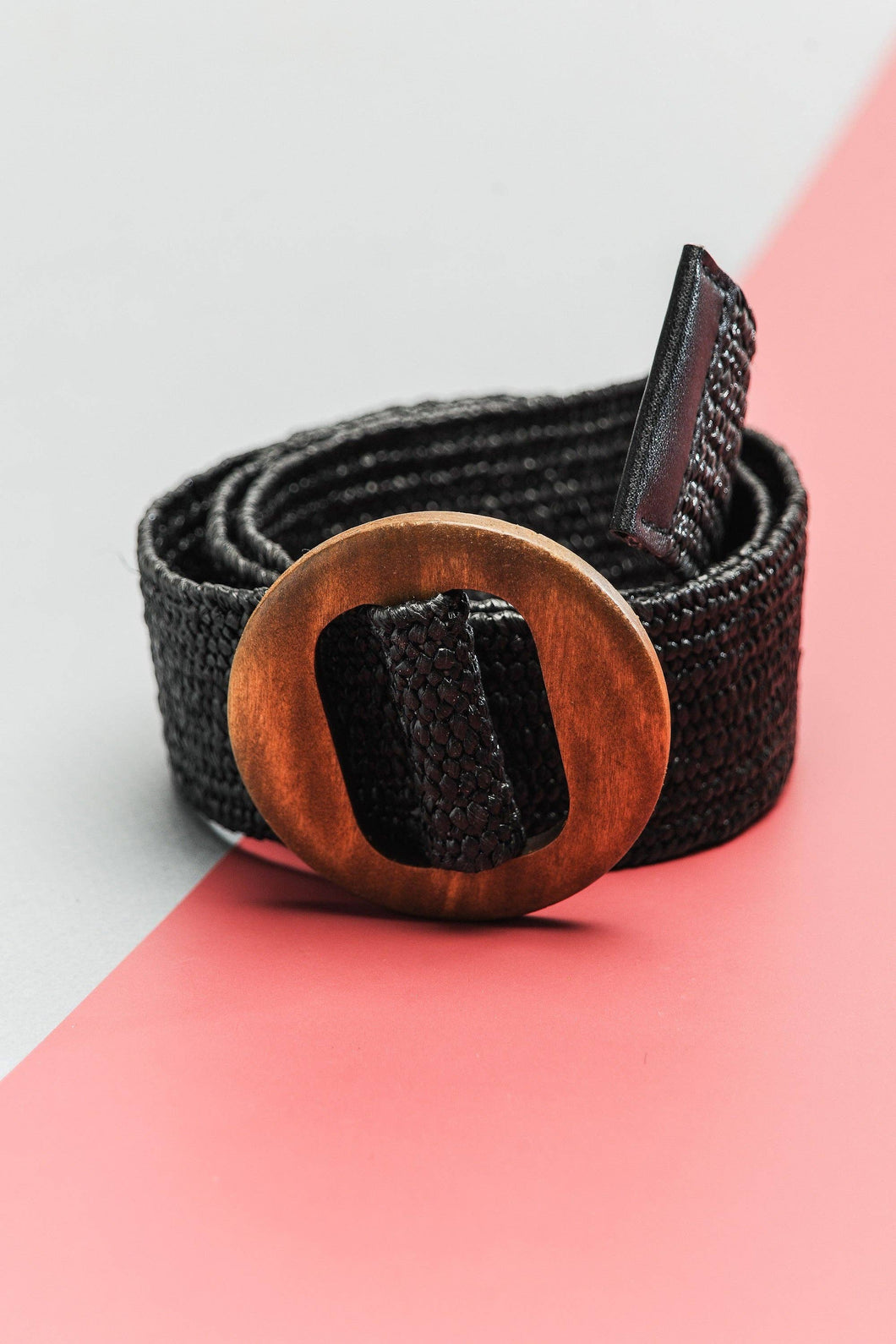 Black Wooden Buckle Rattan Stretch Waist Belt