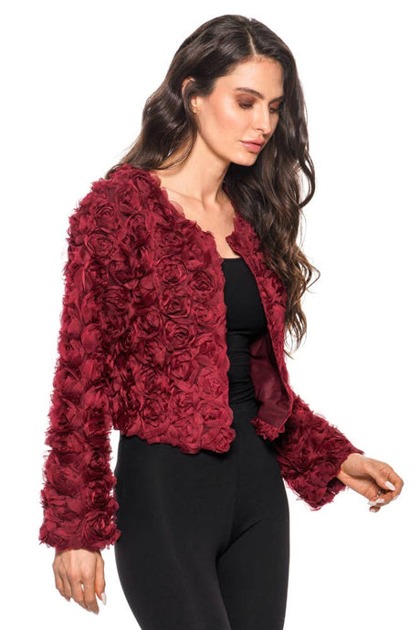 Wine Red 3D Rosette Textured Cropped Jacket