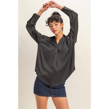 Black Collared V-Neck Satin Blouse