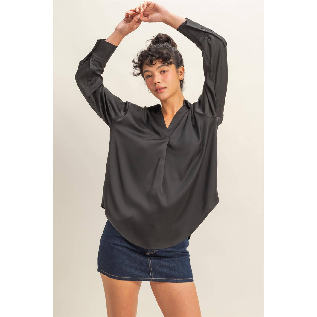 Black Collared V-Neck Satin Blouse
