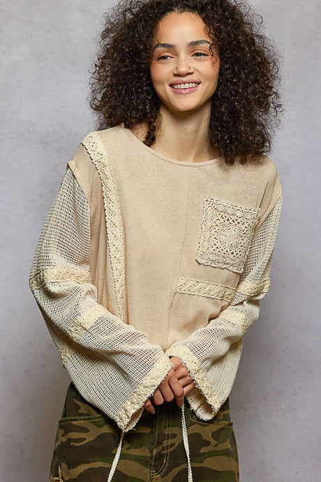 Coconut Round Neck Long See Through Sleeve Crochet Solid Knit POL Top