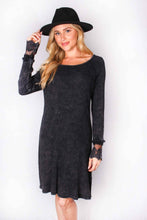 Black Long Sleeve Round Neck Lace Detail Waffle Dress
