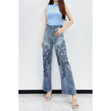 Blue Floral Lace Cutout Embellished Denim Pants