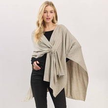 Taupe Asymmetrical Hem Solid Pull Through Draped Tie-Front Wrap Poncho