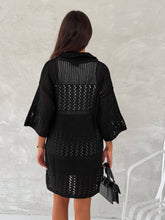 Black Hallow Knit Polo Neck Midi Cotton Cardigan Cover-Up