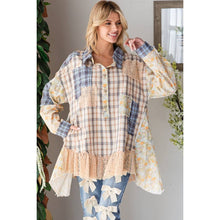 Blue washed Ruffle Lace Hem Button Up Plaid Oli+Hali Shirt