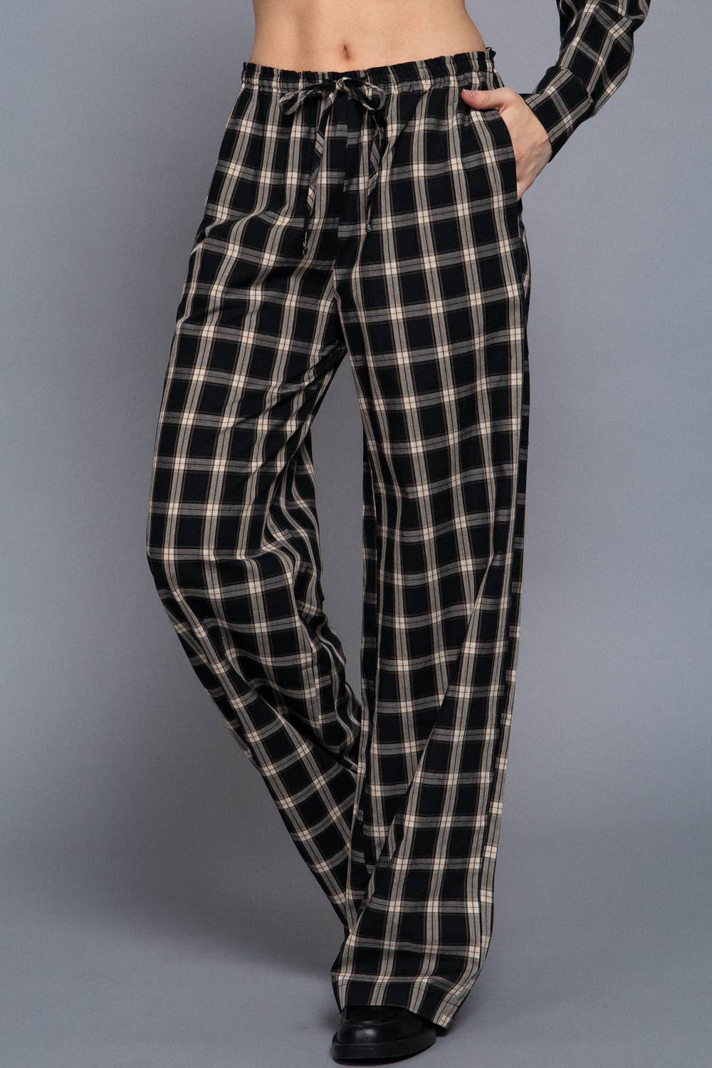 Black Taupe Wide Leg Plaid Woven Pants