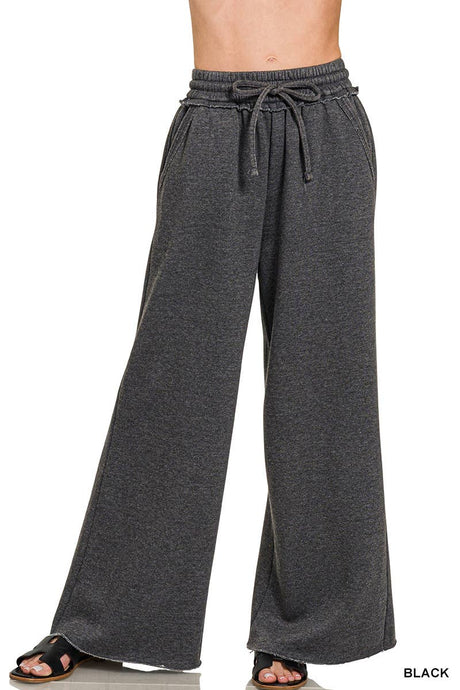 Black Acid Wash Fleece Palazzo Sweatpants With Pockets