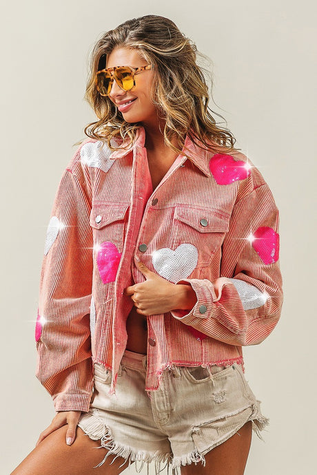 Pink Fuchsia Sequin Heart Patches Washed Corduroy Bibi Jacket 11/18/25 1244