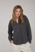 Charcoal Washed Ribbed Long Sleeve Henley Knit Top