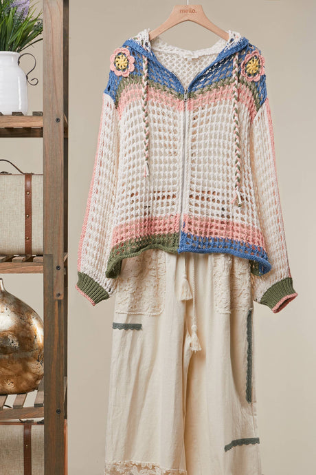 Ivory Bloom Zip Hood Crochet Cardigan