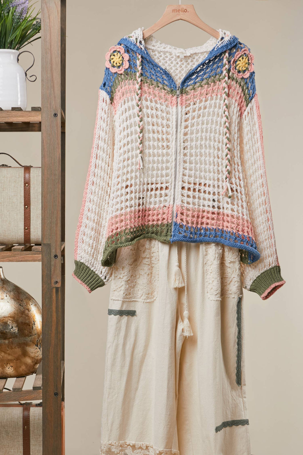 Ivory Bloom Zip Hood Crochet Cardigan