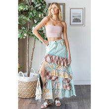 Blue Washed Plaid Flower Patchwork Slit Oli+Hali Maxi Skirt