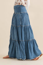 Medium Wash Chambray Tiered Button Up Maxi Skirt