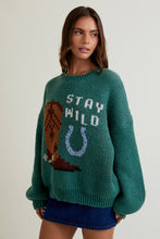 Green Long Sleeve Crew Neck Cowgirl Graphic Sweater