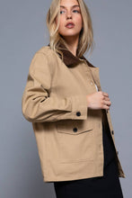 Olive Long Sleeve Corduroy Collar Detail Cotton Twill Work Jacket