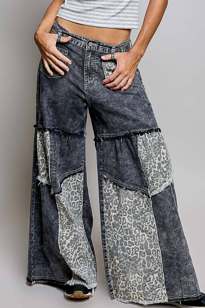 Black Washed Cotton Floral Patchwork Tiered Paneled Wide Leg POL Pants