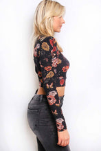 Butterfly Garden Long Sleeves Mock Neck Printed Crop Top
