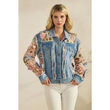 Med Wash Denim Veveret Jacket with Floral Organza Inset