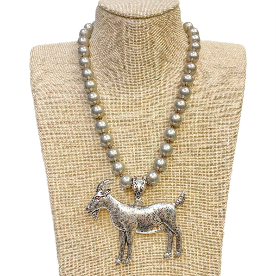 Silver Metal Goat Pendant on Faux Navajo Pearl Necklace