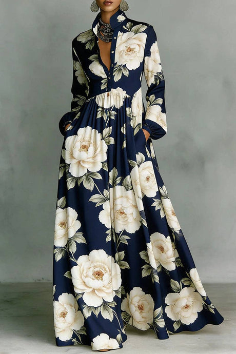 Navy Floral Long Sleeve Dress