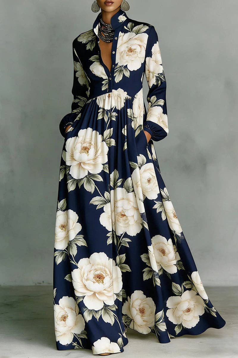 Navy Floral Long Sleeve Dress