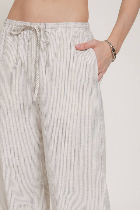 Ecru Black Elastic Waist Striped Gauze Woven Pants