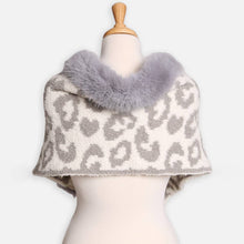 Grey Faux Fur Trim Leopard Pattern Shawl Wrap