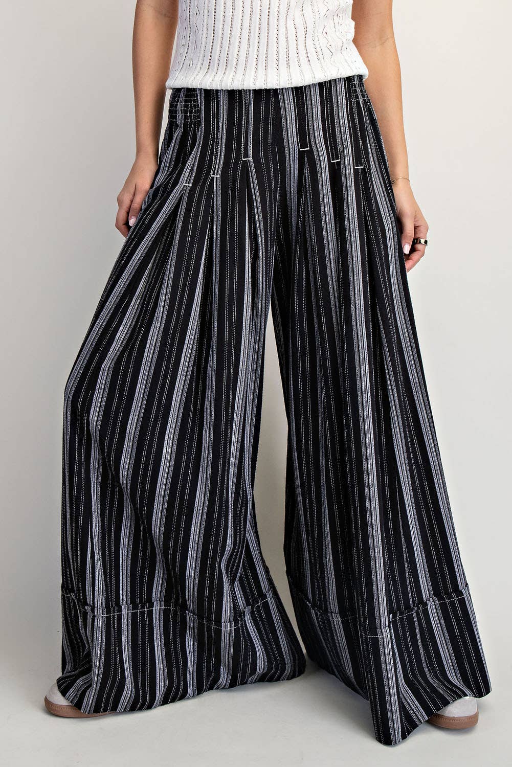 Black White Stripe Wide Leg Crop Pants
