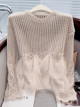 Beige Retro Hollow Out Crew Neck Knit Top