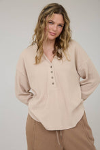 Light Khaki Washed Ribbed Long Sleeve Henley Knit Top