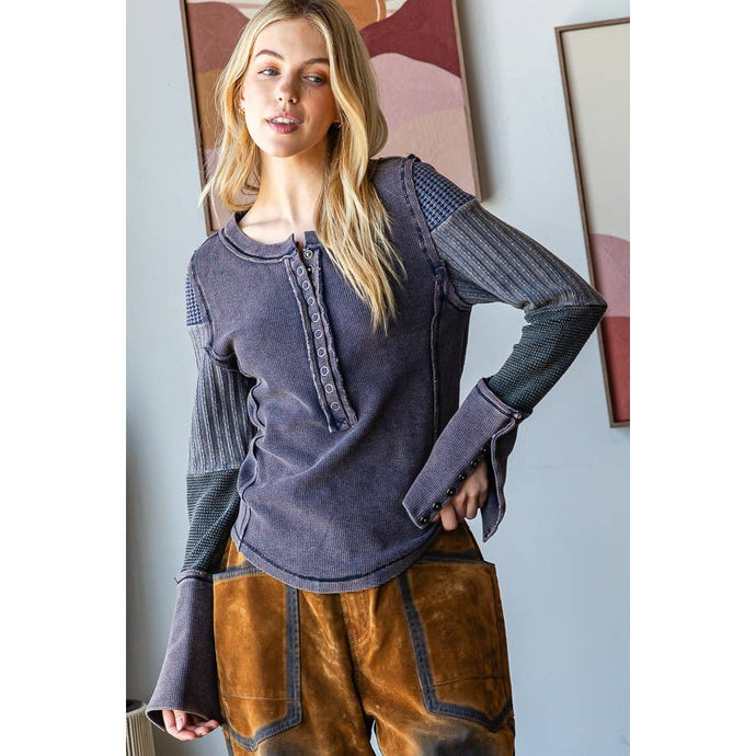 Navy Washed Textured Contrast Snap Button Cuff Oli+Hali Top