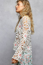 Off White Pink Floral Weave Round Neck Long Sleeve Crochet POL Top
