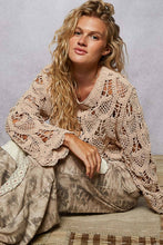 Mocha Round neck long sleeve solid crochet  POL top