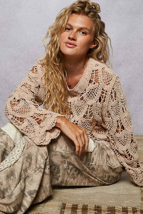 Mocha Round neck long sleeve solid crochet  POL top