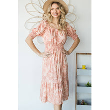 Peach Vintage Floral Square Neck Midi Dress