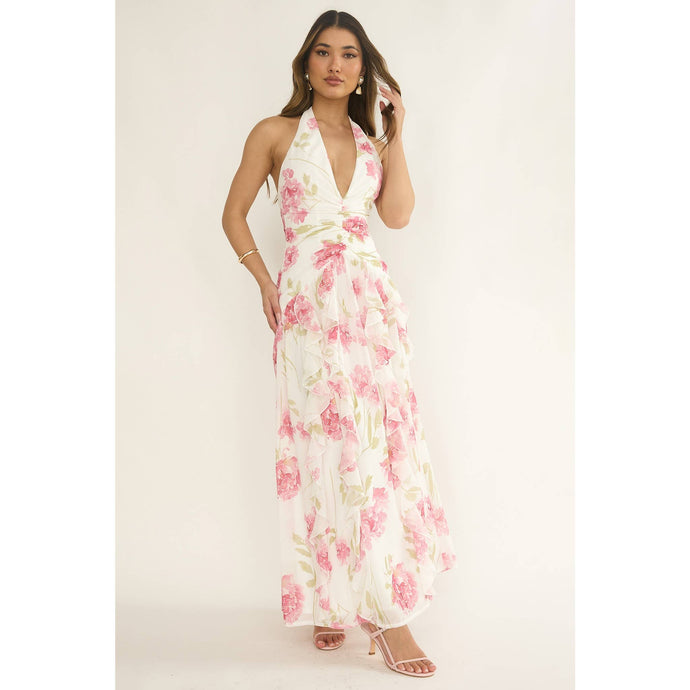 Pink Halter Ruffle Elegance Maxi Dress