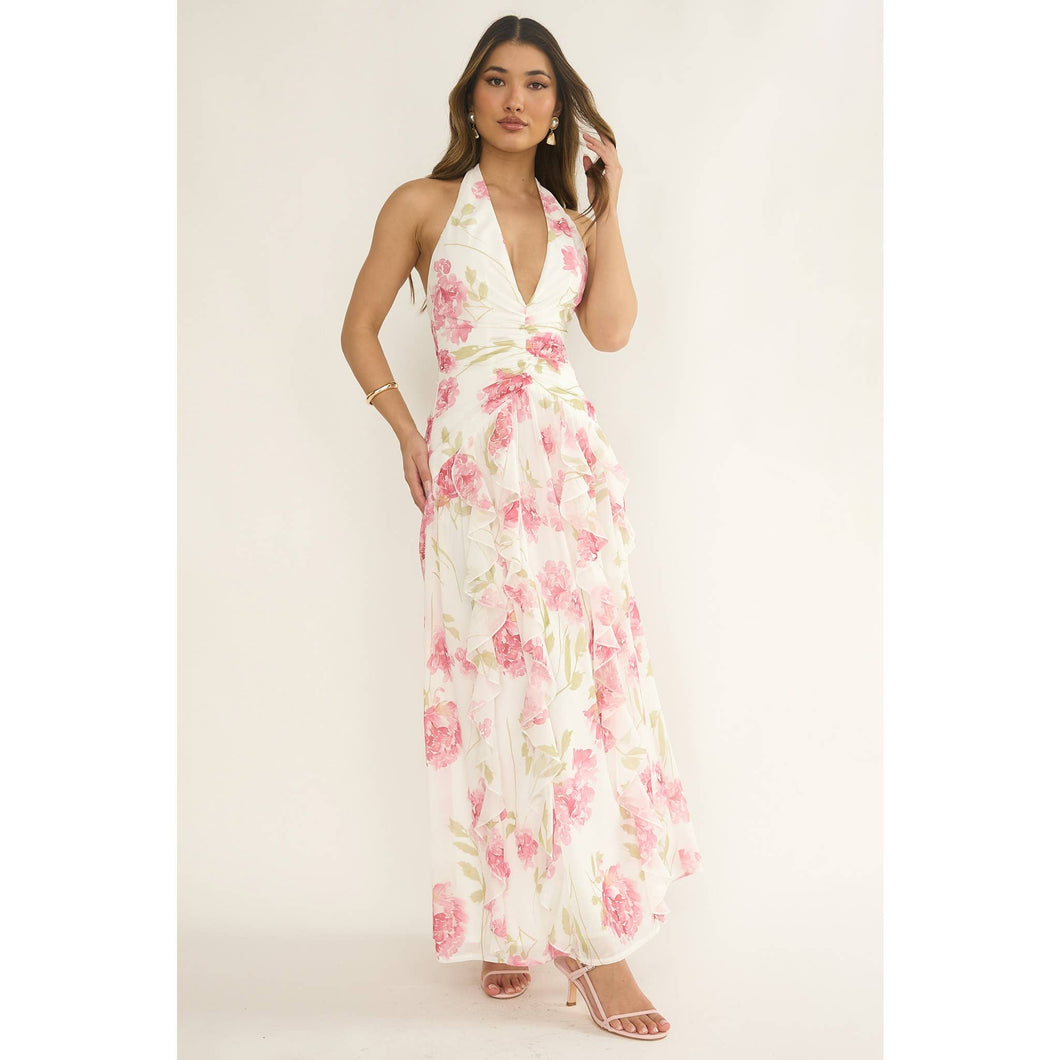 Pink Halter Ruffle Elegance Maxi Dress